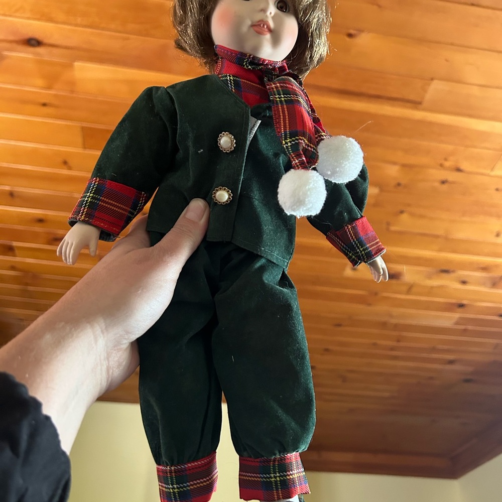 Plaid Outfit porcelain Doll with Green Suit